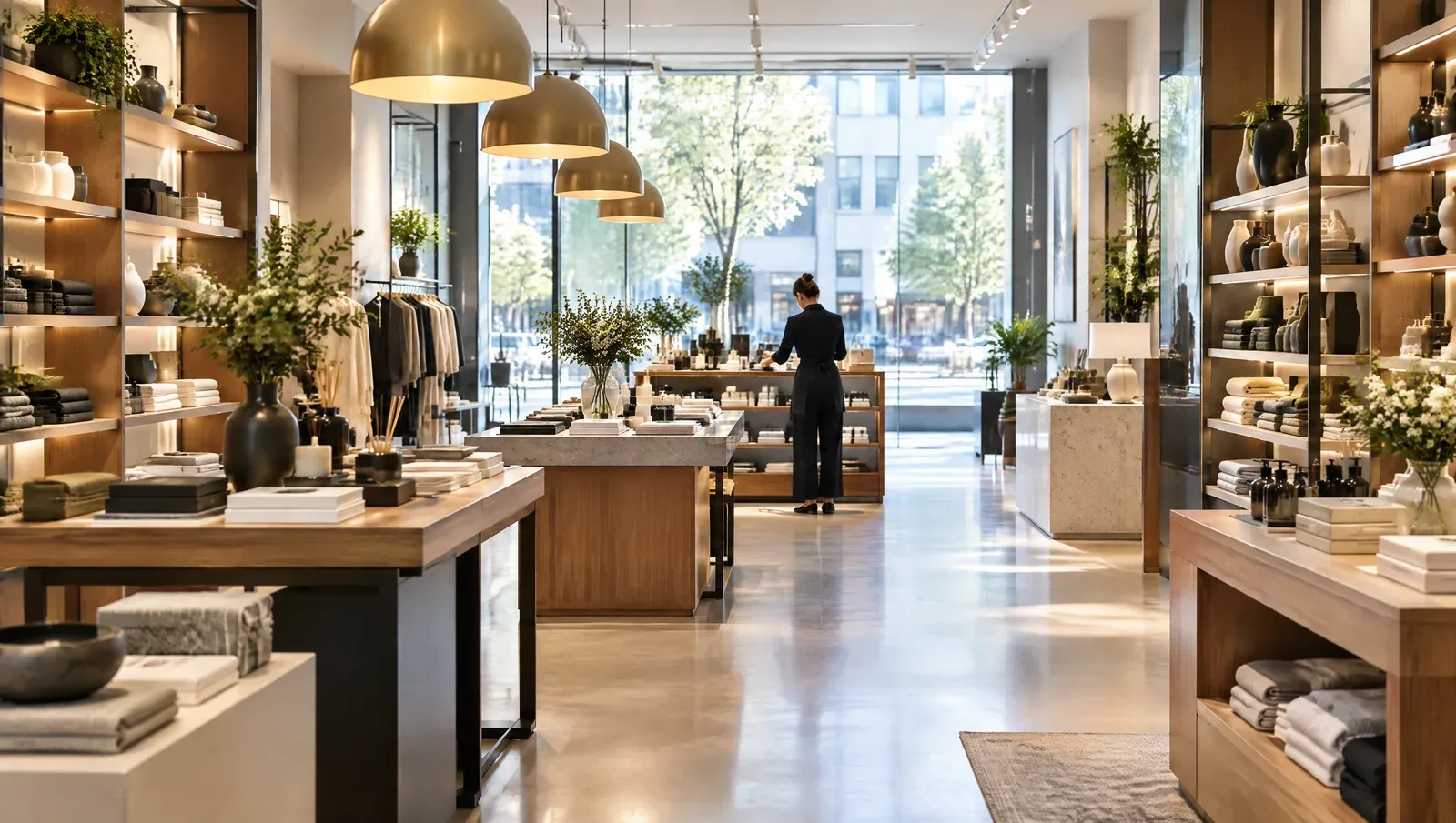 A modern store at opening time, with an assistant arranging a display