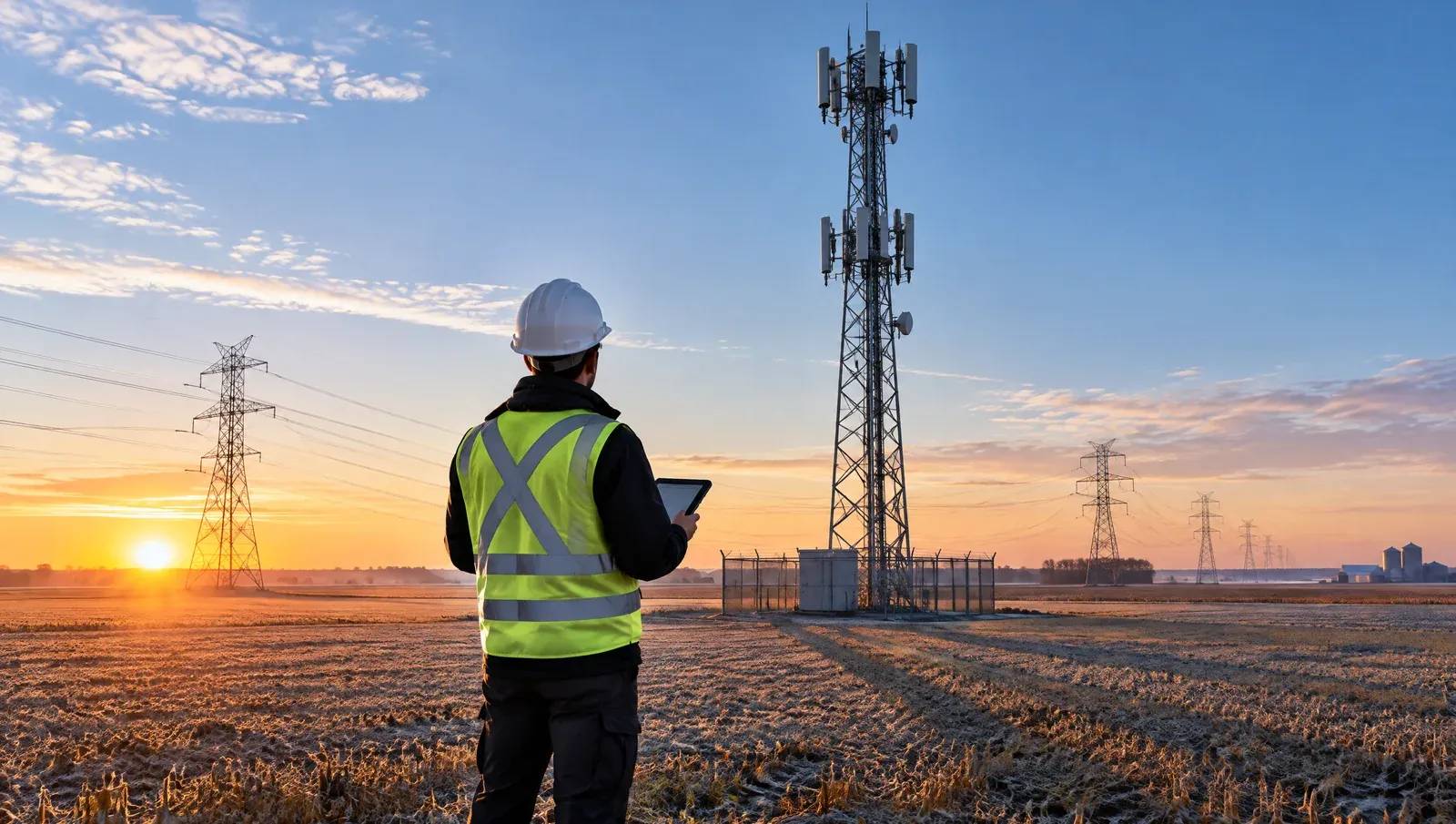A telecoms engineer checking a tablet at the foot of a cell tower at sunrise