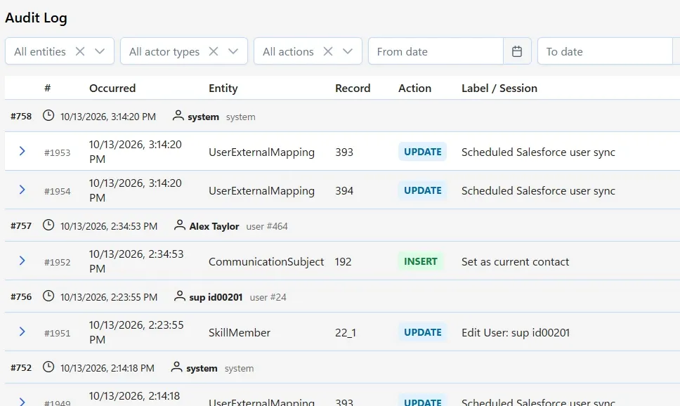 Close-up of the Totalix audit log: grouped change sets with entity, record, action and label