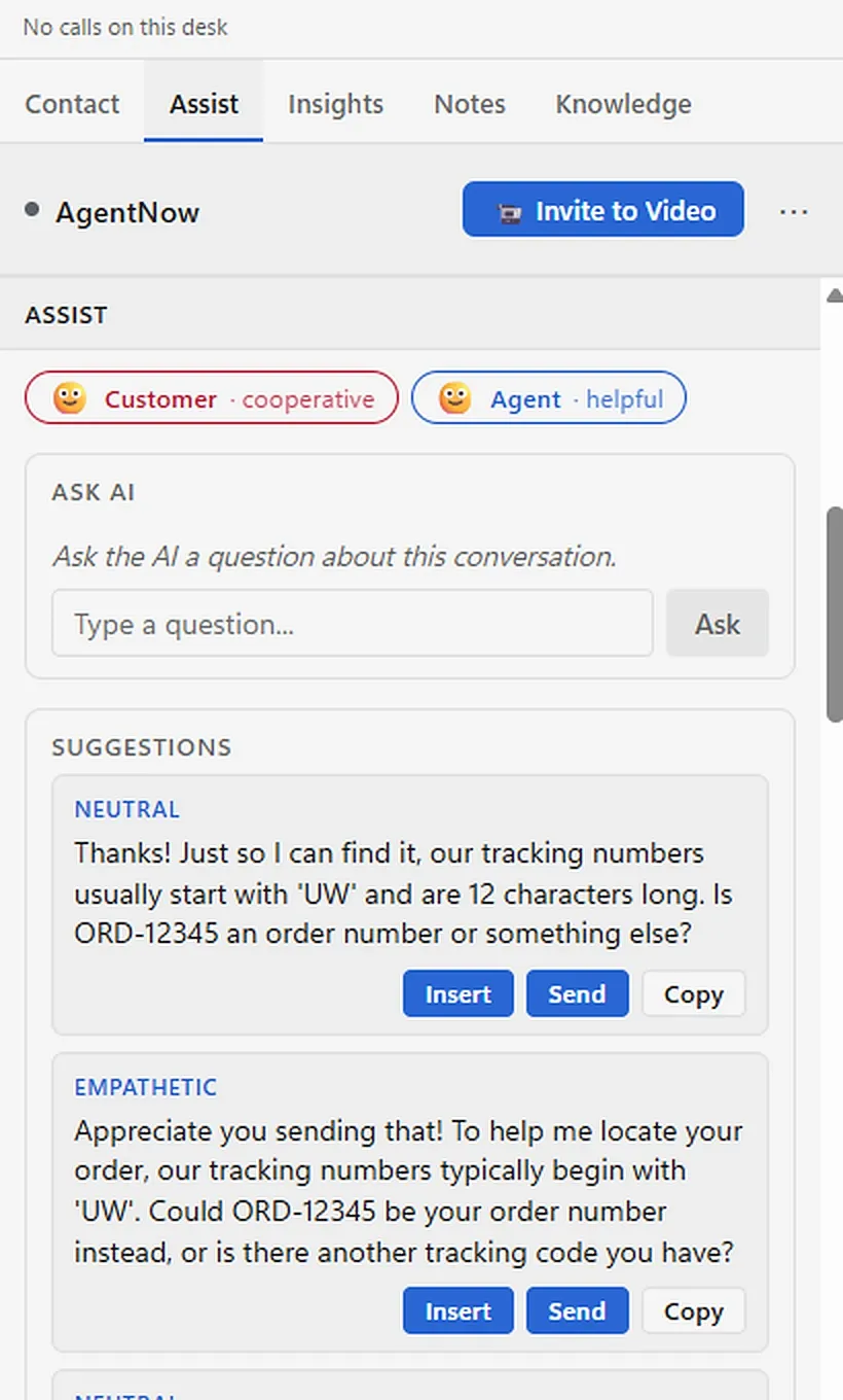 Close-up of the Totalix Assist panel on Webex Contact Center: customer and agent sentiment, Ask AI, and neutral and empathetic suggested replies with Insert, Send and Copy buttons
