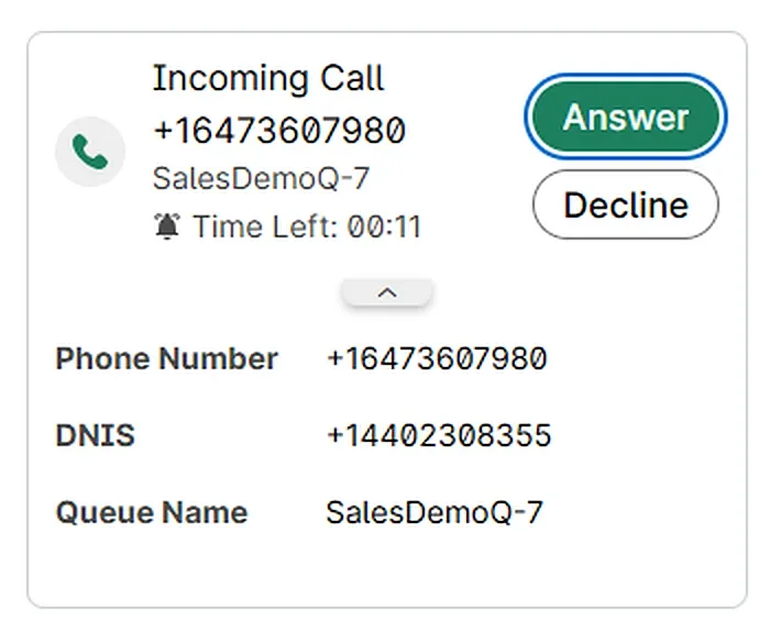 Totalix console on a desktop monitor showing an incoming Webex Contact Center call notification with Answer and Decline buttons