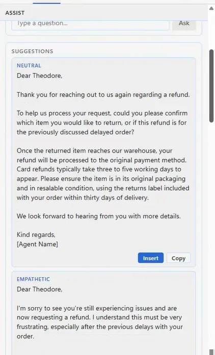 Close-up of the Totalix Assist panel drafting neutral and empathetic email replies to a refund request