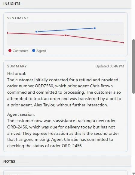 Close-up of the Totalix Insights panel: a customer and agent sentiment chart and an AI summary of the customer history