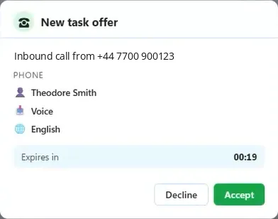 Close-up of a Totalix Complete new task offer: an inbound call from Theodore Smith, Voice, English, with Decline and Accept buttons