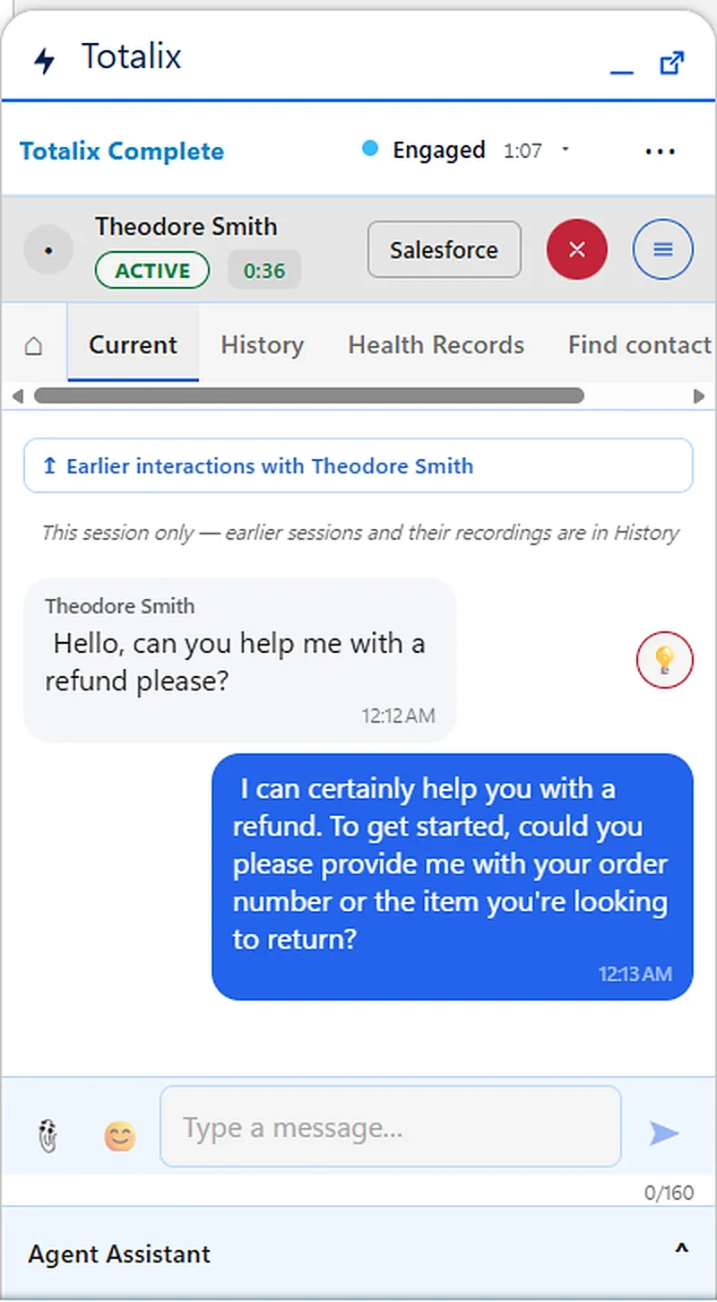 Salesforce Service Console on a desktop monitor with the Totalix panel showing the agent’s reply sent to the customer