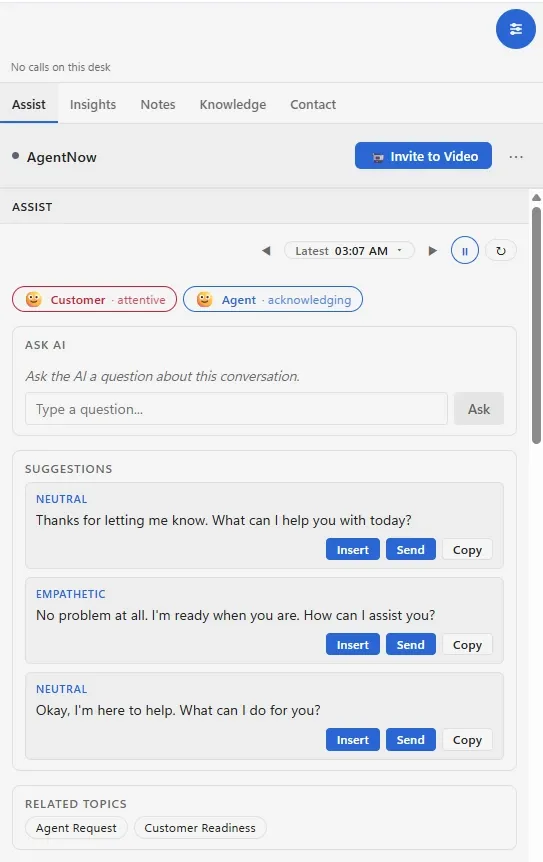 Close-up of the Totalix Assist panel in Cisco Finesse: customer attentive, agent acknowledging, Ask AI and three suggested replies