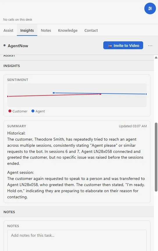 Close-up of the Totalix Insights panel in Cisco Finesse: a customer and agent sentiment chart and an AI summary of the conversation history
