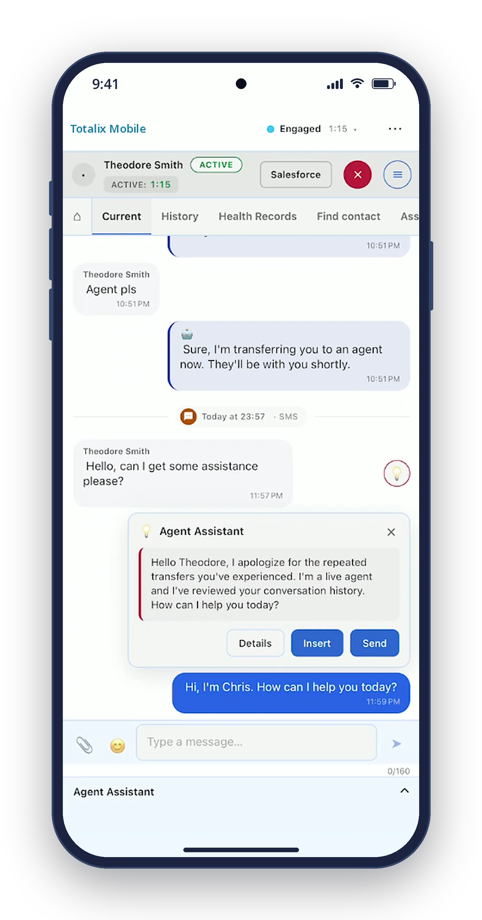 Totalix Mobile on a phone: an SMS conversation with Agent Assistant suggesting a reply