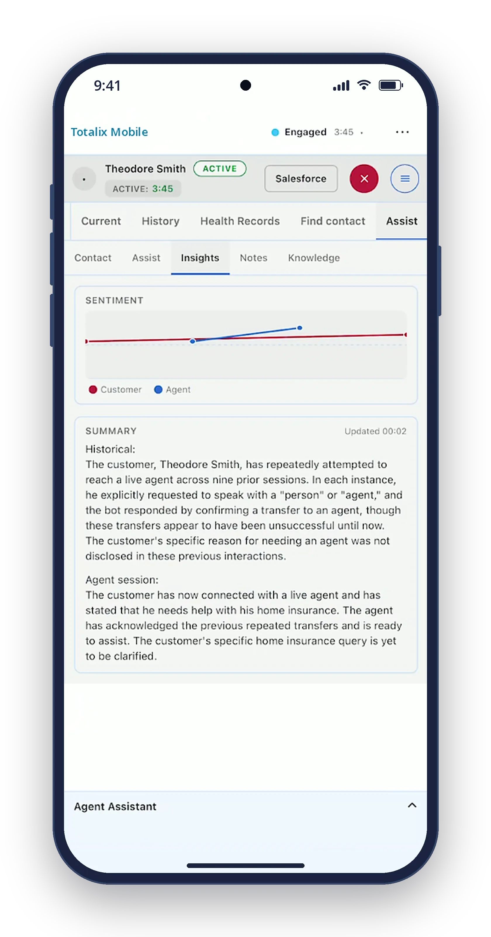 Totalix Mobile on a phone: the Insights tab with a sentiment chart and an AI summary of the conversation history