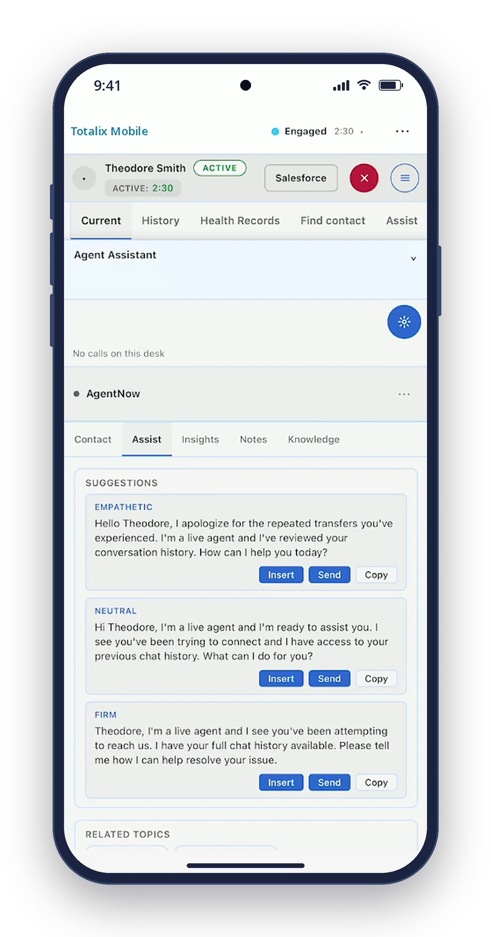 Totalix Mobile on a phone: the Assist tab with empathetic, neutral and firm reply suggestions