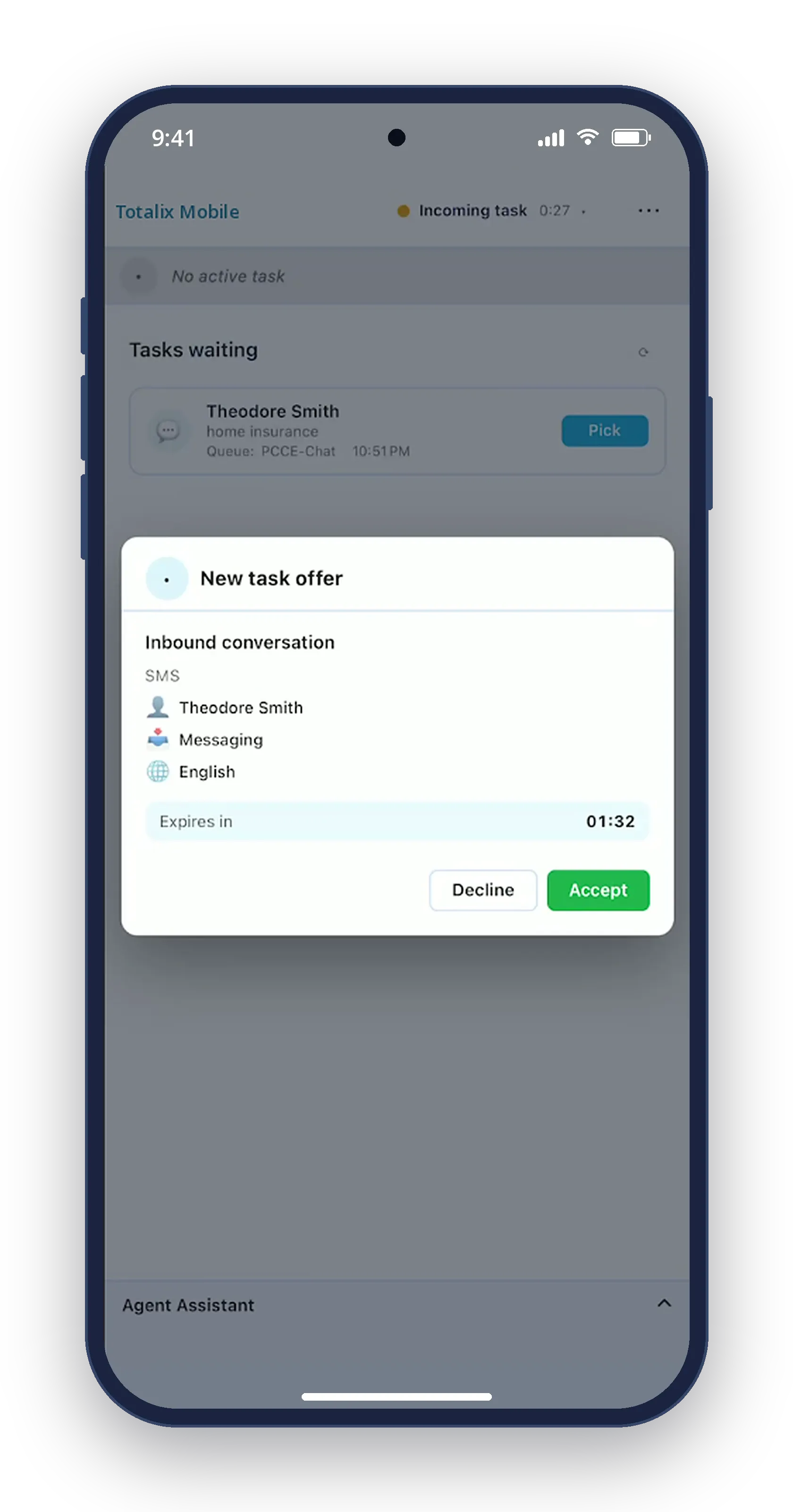 Totalix Mobile on a phone: a new task offer for an inbound SMS conversation with Accept and Decline buttons