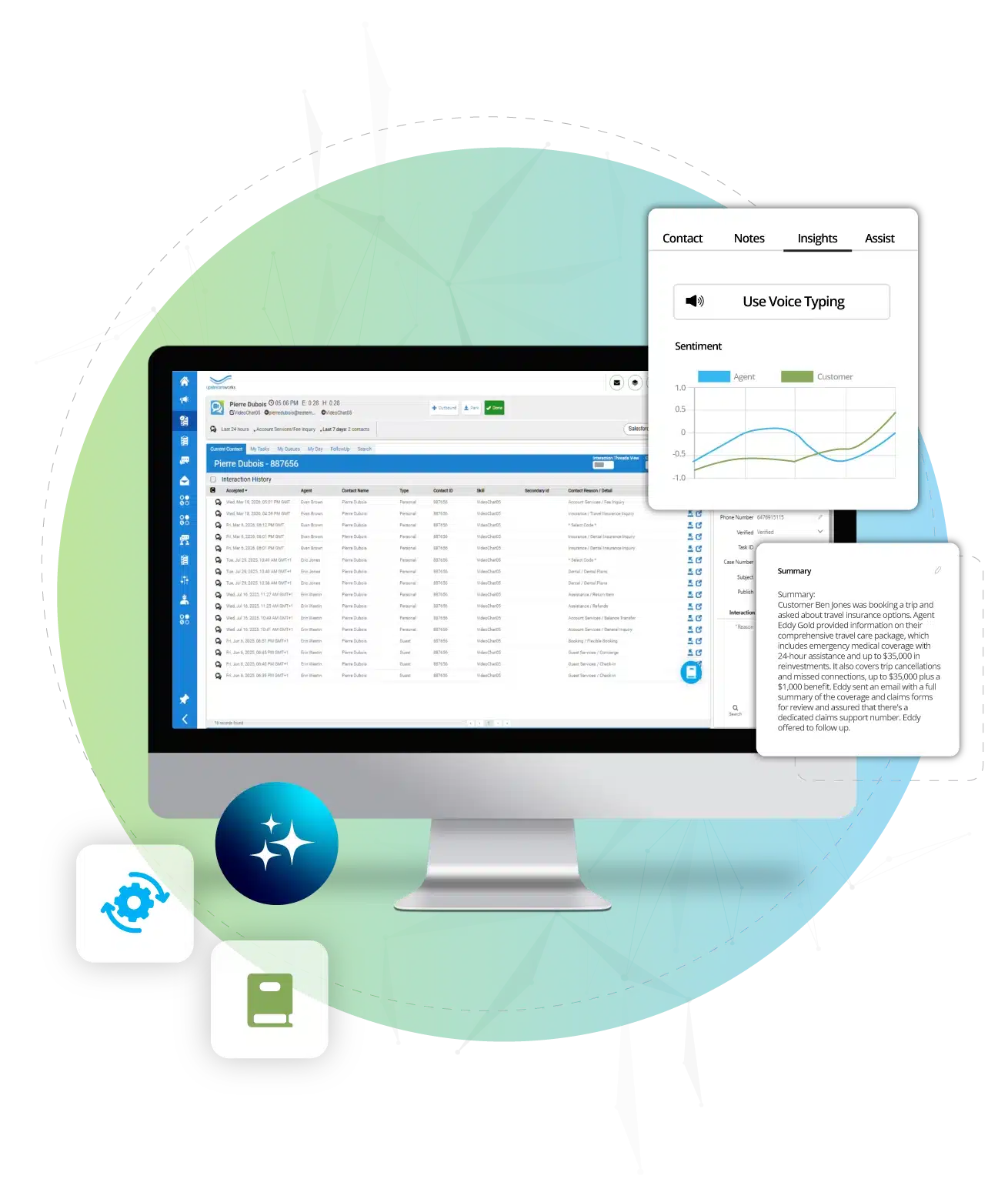 Upstream Works AI-Powered Agent Assist showing sentiment, intent, summaries and transcriptions
